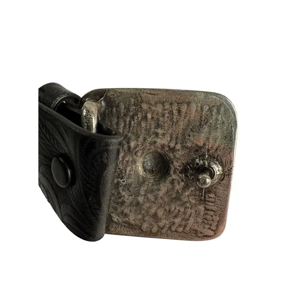 Sandy Duftler Designs Vintage Genuine Leather Black Embossed Silver Art‎ Buckle